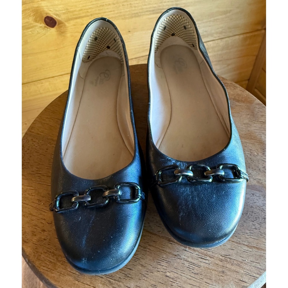 Easy Spirit Womens Black Leather‎ Chain Link Ballet Flats Low Wedge Size 7